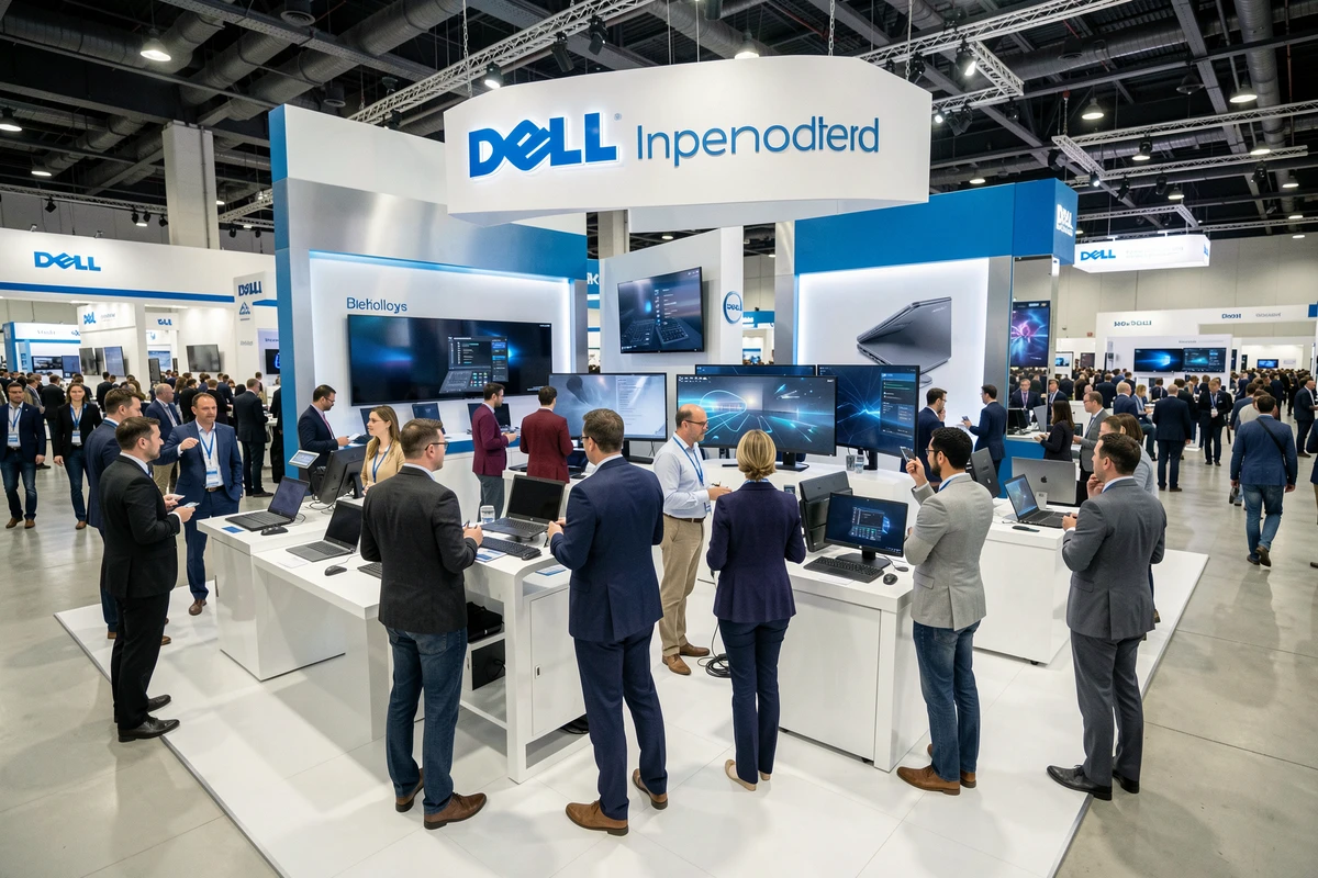 Stand Dell Technologies lors d'un salon informatique international avec professionnels en démonstration