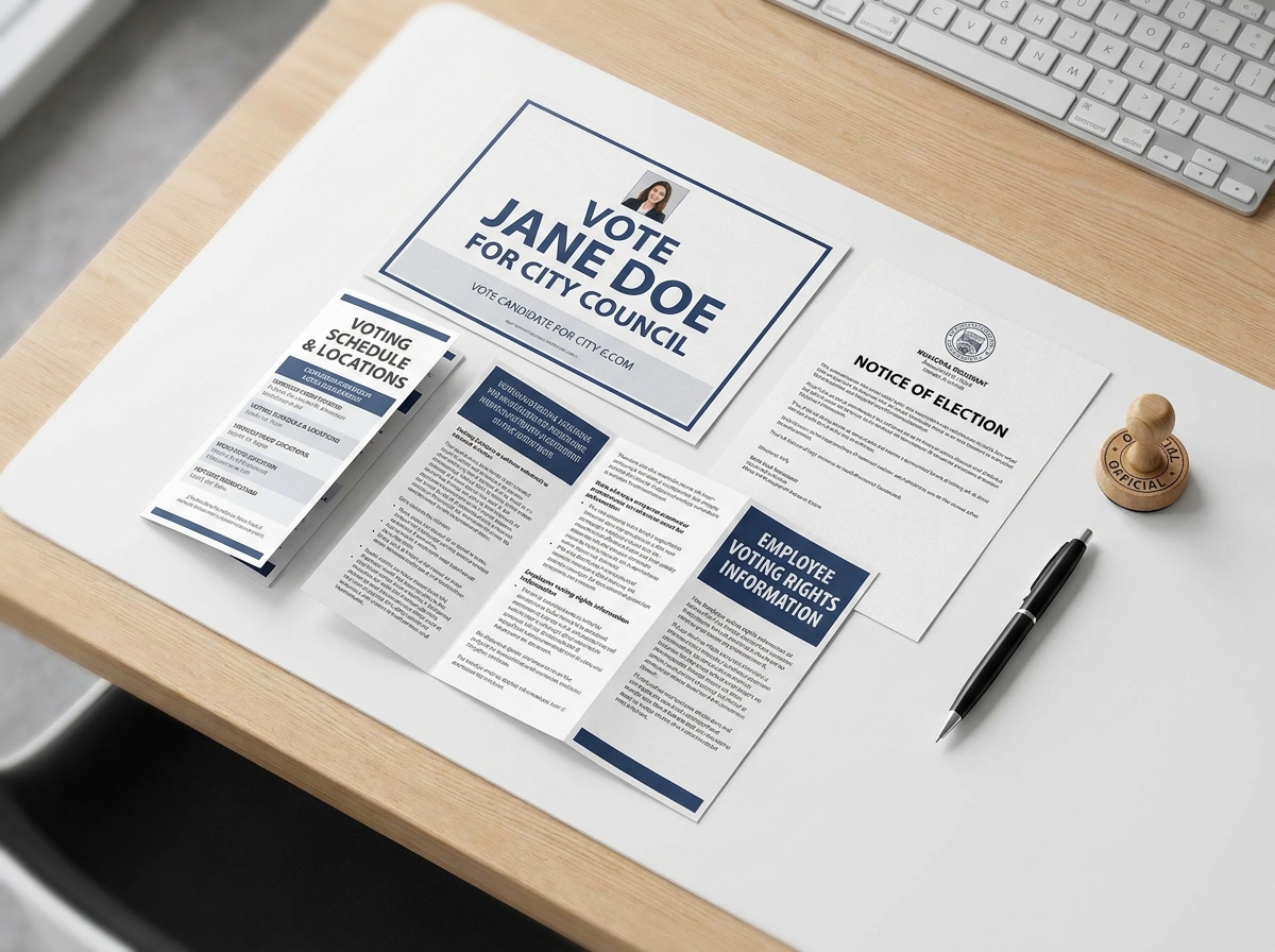 Vue aérienne des supports papier officiels pour informer les salariés lors d'élections professionnelles