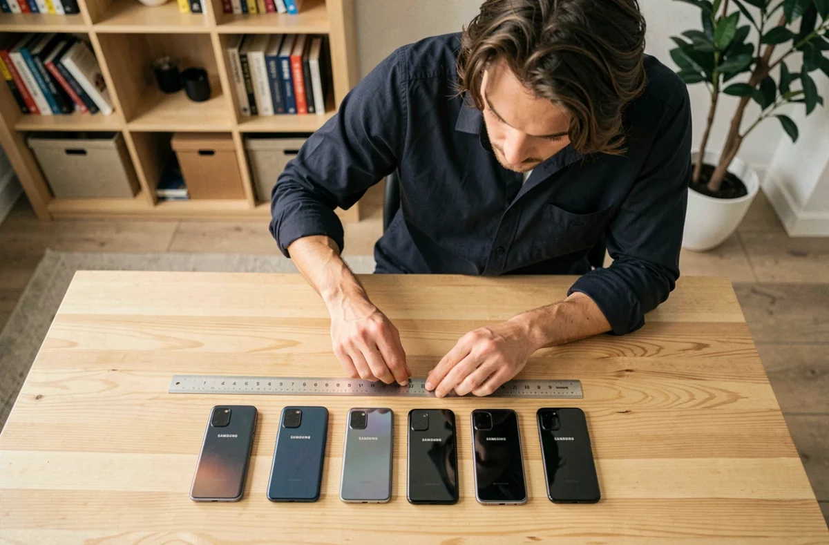 Vue aérienne de plusieurs Samsung Galaxy alignés sur un bureau en bois avec une règle pour comparer leur taille