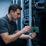 Technicien informatique installant une carte réseau multiport dans un serveur en rack au sein d'un datacenter professionnel