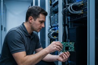 Technicien informatique installant une carte réseau multiport dans un serveur en rack au sein d'un datacenter professionnel