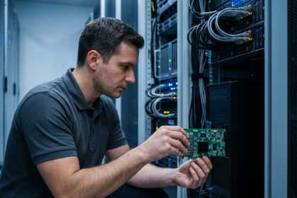 Technicien informatique installant une carte réseau multiport dans un serveur en rack au sein d'un datacenter professionnel