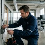 Technicien installant un répéteur de signal mobile sur un mur intérieur de bureau pour améliorer la couverture réseau dans le bâtiment