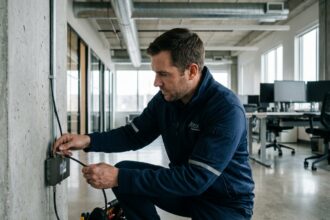 Technicien installant un répéteur de signal mobile sur un mur intérieur de bureau pour améliorer la couverture réseau dans le bâtiment