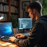 Technicien informatique installant Windows 7 sur un ordinateur portable dans un bureau à domicile encombré