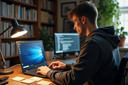 Technicien informatique installant Windows 7 sur un ordinateur portable dans un bureau à domicile encombré