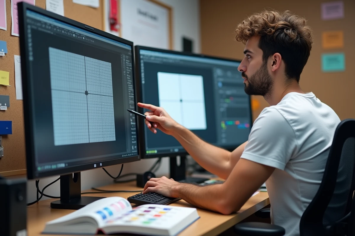Technicien en prépresse analysant la grille de pixels et les unités en centimètres sur un logiciel de conception graphique