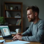 Homme hésitant devant un site de téléchargement de musique sur son ordinateur portable