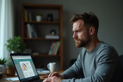 Homme hésitant devant un site de téléchargement de musique sur son ordinateur portable