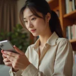 Jeune femme tenant un iPhone 15 dans un appartement moderne, comparant ses fonctionnalités