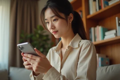 Jeune femme tenant un iPhone 15 dans un appartement moderne, comparant ses fonctionnalités