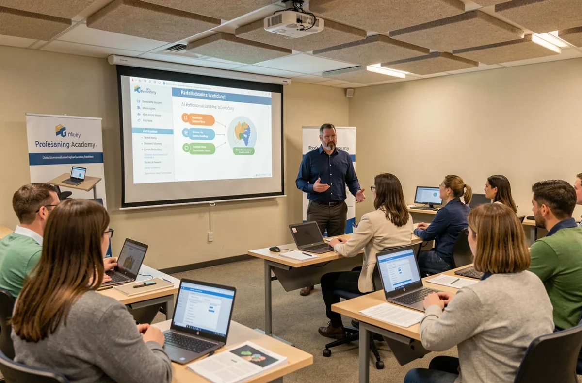 Formateur de The Intelligence Academy animant une session de formation en intelligence artificielle pour des professionnels dans une salle de cours équipée
