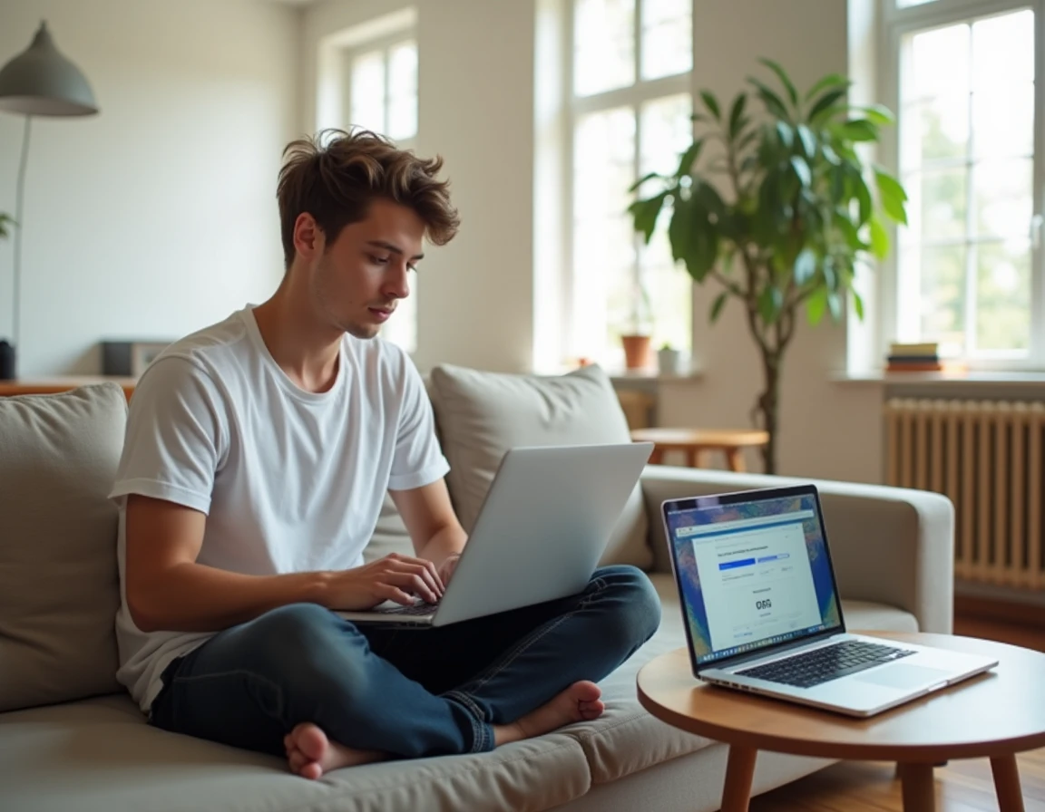 Jeune personne transférant ses marques-pages Firefox entre deux ordinateurs portables sur un canapé