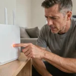 Homme vérifiant un routeur Bouygues avec un voyant orange clignotant indiquant une erreur de connexion