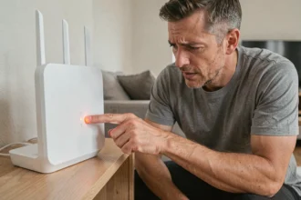 Homme vérifiant un routeur Bouygues avec un voyant orange clignotant indiquant une erreur de connexion