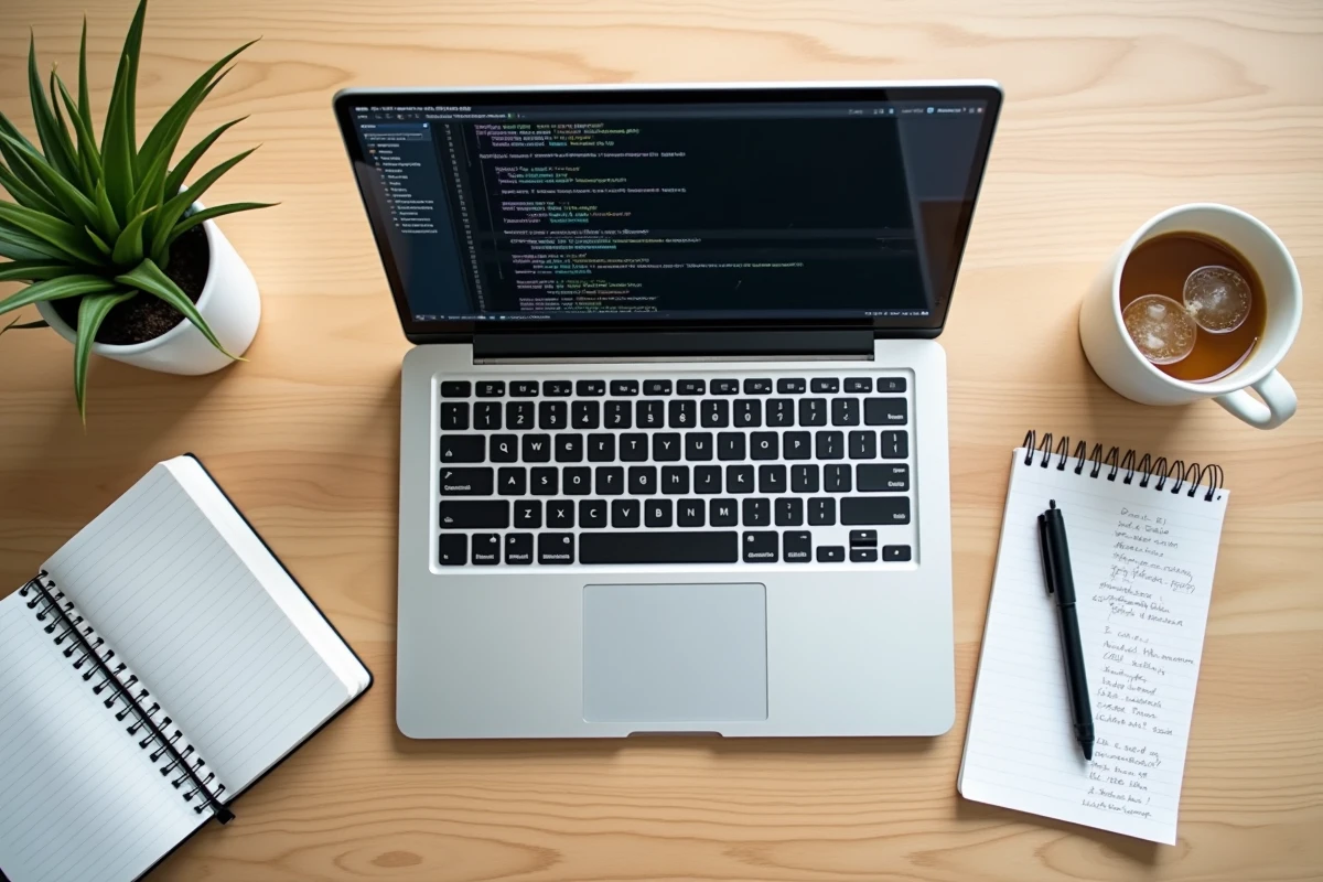 Vue aérienne d'un bureau minimaliste avec un éditeur de code Python affichant un script d'analyse XML