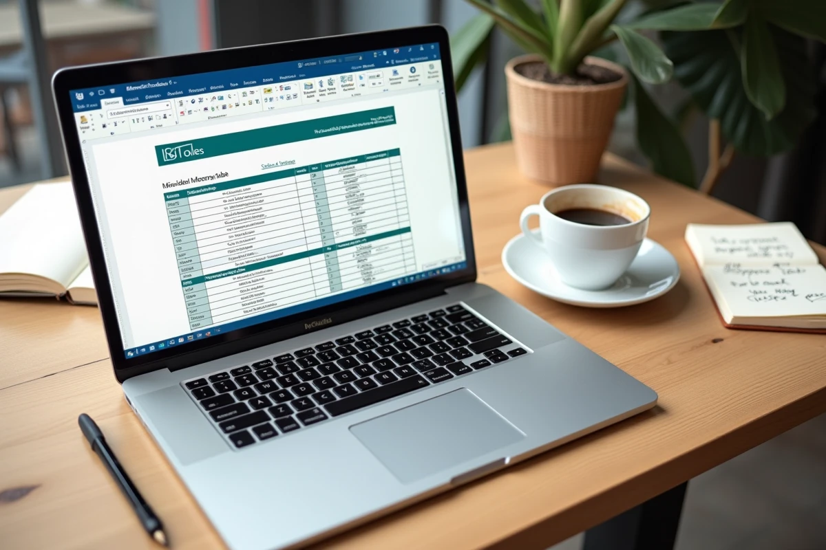 Vue aérienne d'un écran d'ordinateur portable affichant un tableau Word au style moderne dans un café avec accessoires de bureau