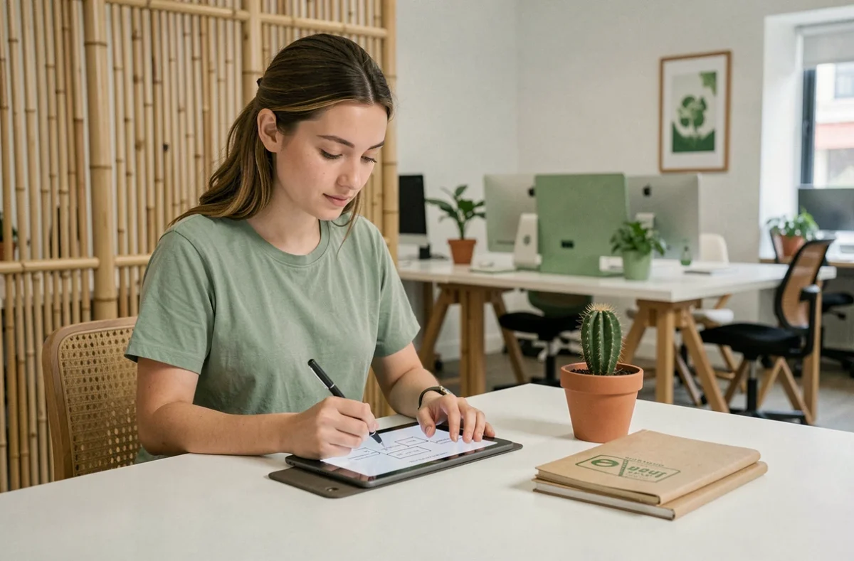 Designer UX de l'agence Webetik esquissant des maquettes dans un espace de coworking écoresponsable avec mobilier en bambou